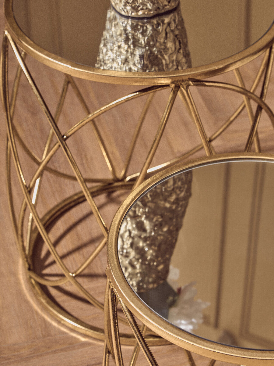Arcana Gold Finish Set of 2 Side Tables with Mirror Top