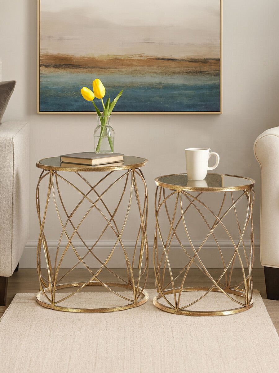 Arcana Gold Finish Set of 2 Side Tables with Mirror Top