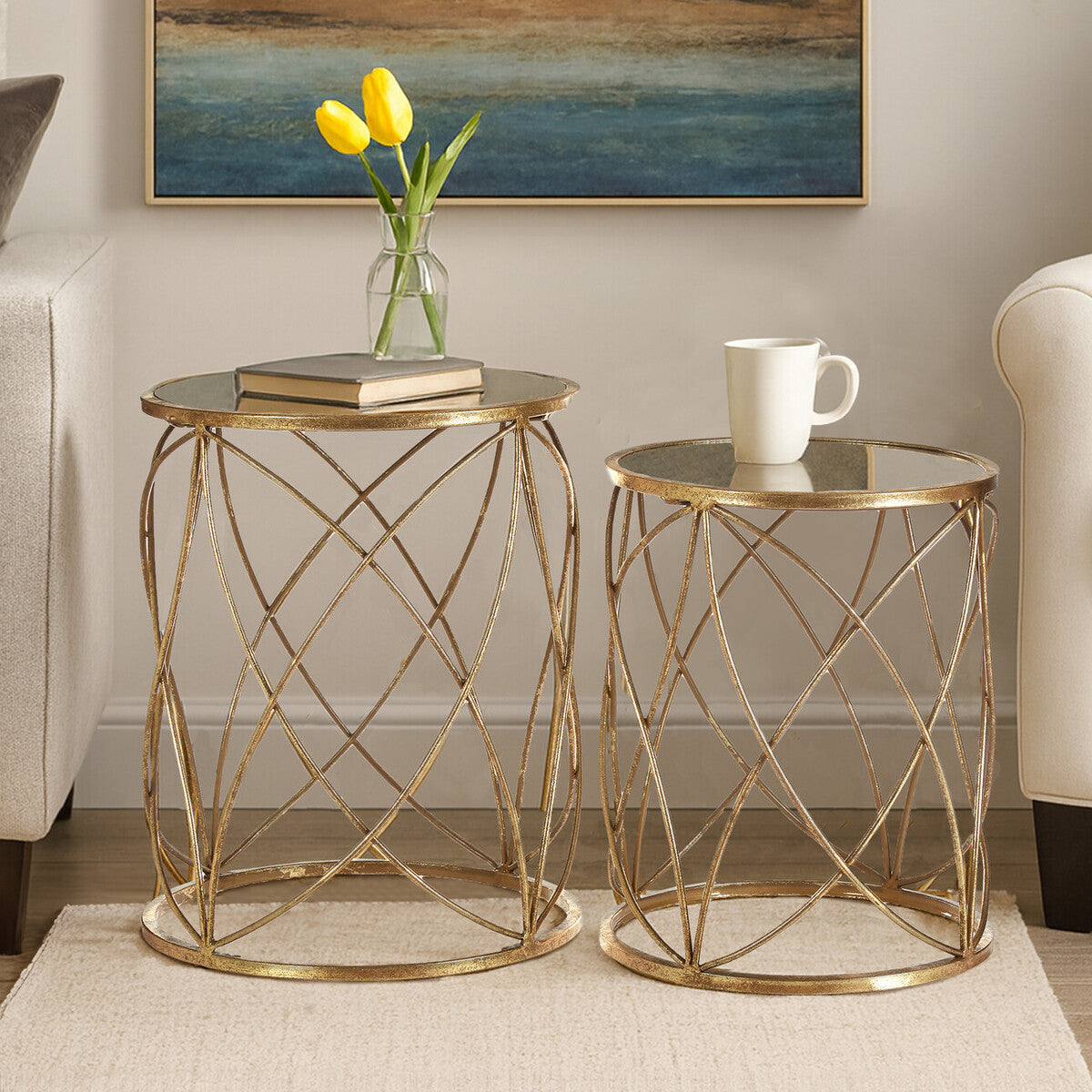 Arcana Gold Finish Set of 2 Side Tables with Mirror Top