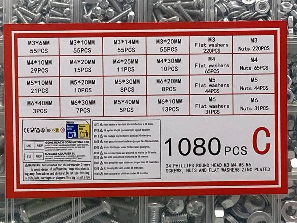 1080 Piece Metric Screws Nuts and Washers Assortment Kit M3 M4 M5 M6 Zinc Plated