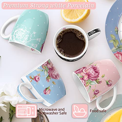London Boutique Mugs Cups Gift Set China Mugs Set of 4 Vintage Shabby Chic Flora 4 Colours Gift for Women 350ml (Roses)