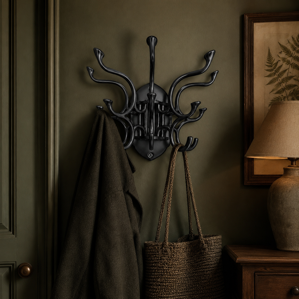 Metal Swivel Coat Rack | 5 Hook Wall Hanger | Solid Brass, Black or Chrome
