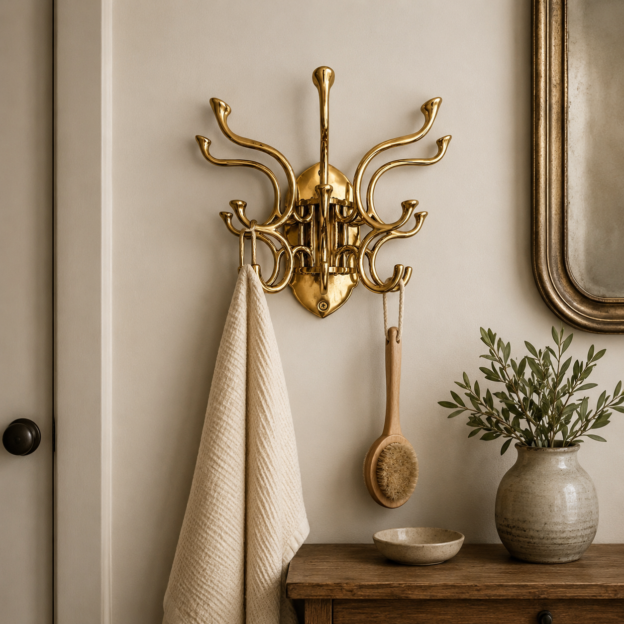 Metal Swivel Coat Rack | 5 Hook Wall Hanger | Solid Brass, Black or Chrome
