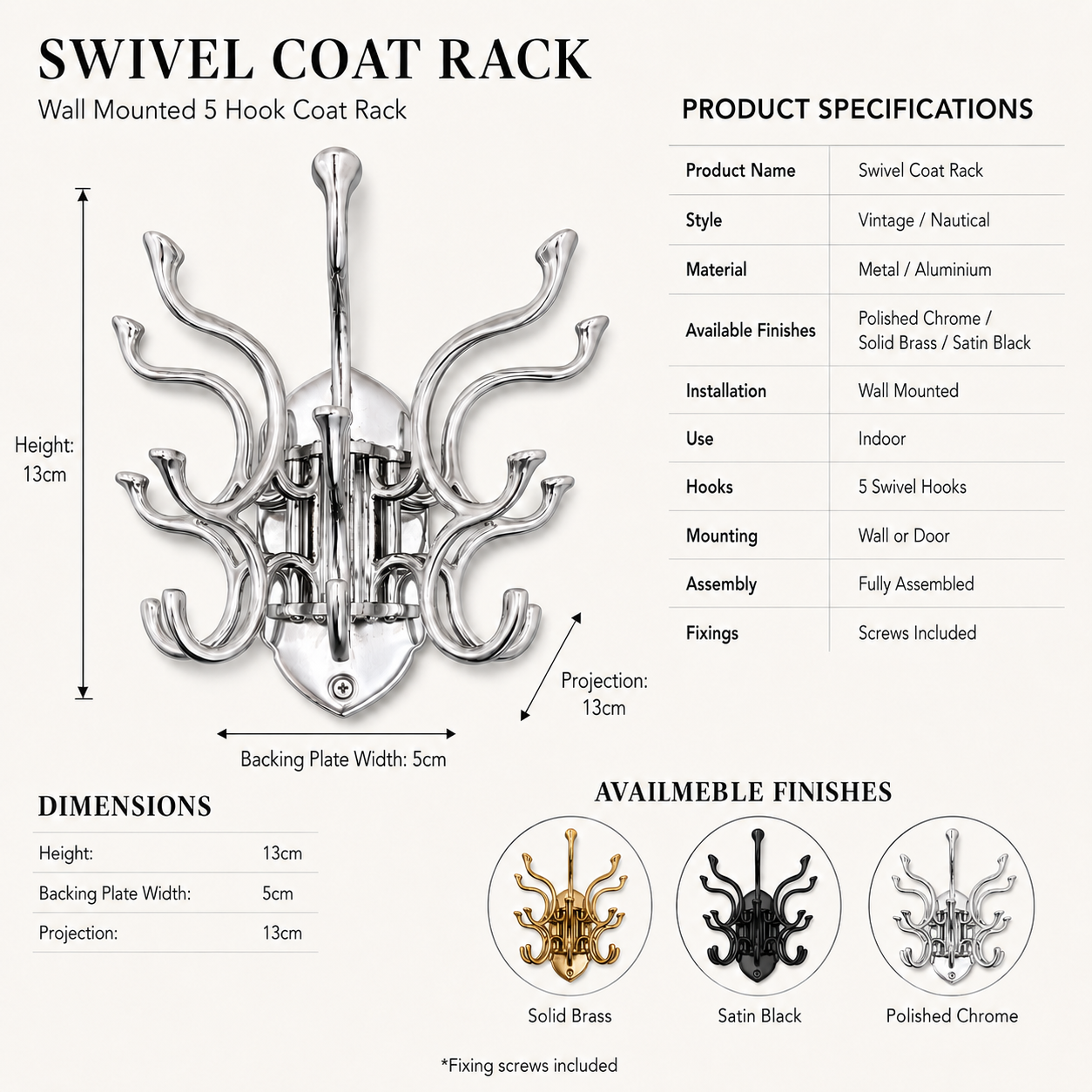 Metal Swivel Coat Rack | 5 Hook Wall Hanger | Solid Brass, Black or Chrome