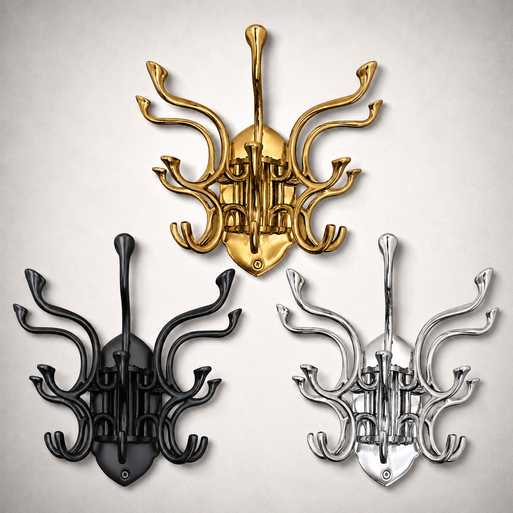 Metal Swivel Coat Rack | 5 Hook Wall Hanger | Solid Brass, Black or Chrome
