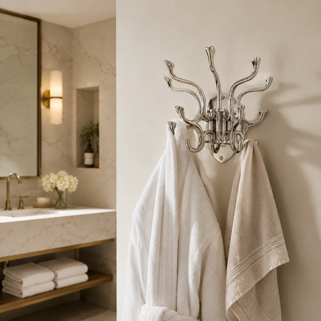 Metal Swivel Coat Rack | 5 Hook Wall Hanger | Solid Brass, Black or Chrome