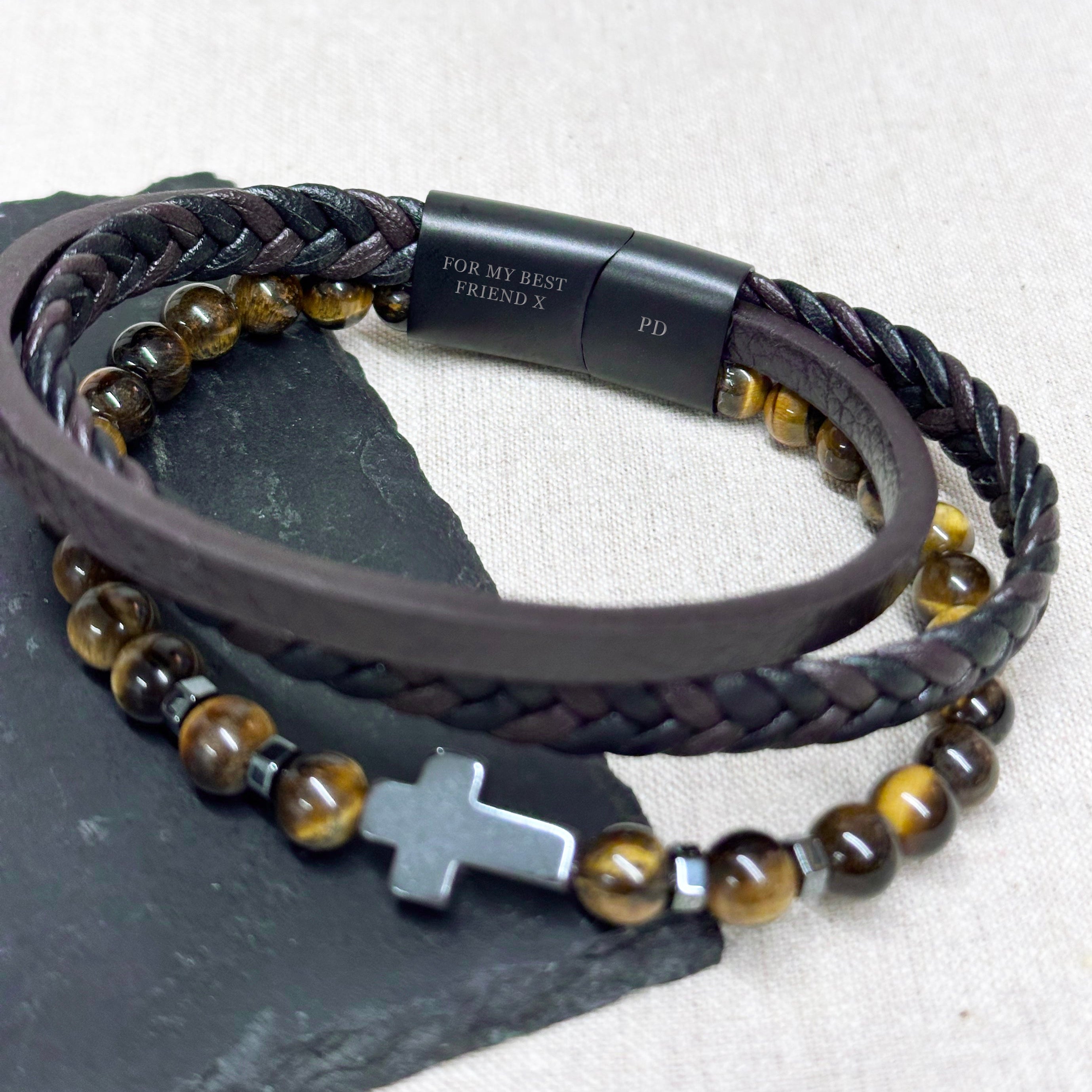 Personalised Men's Dual Tiger's Eye and Leather Cross Bracelet