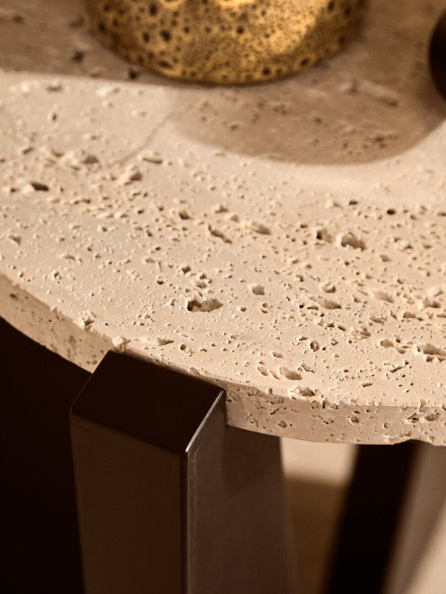 Winton Cream Travertine and Brown Finish Acacia Wood Side Table