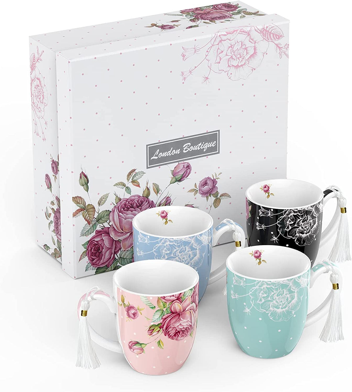 London Boutique Mugs Cups Gift Set China Mugs Set of 4 Vintage Shabby Chic Flora 4 Colours Gift for Women 350ml (Roses)