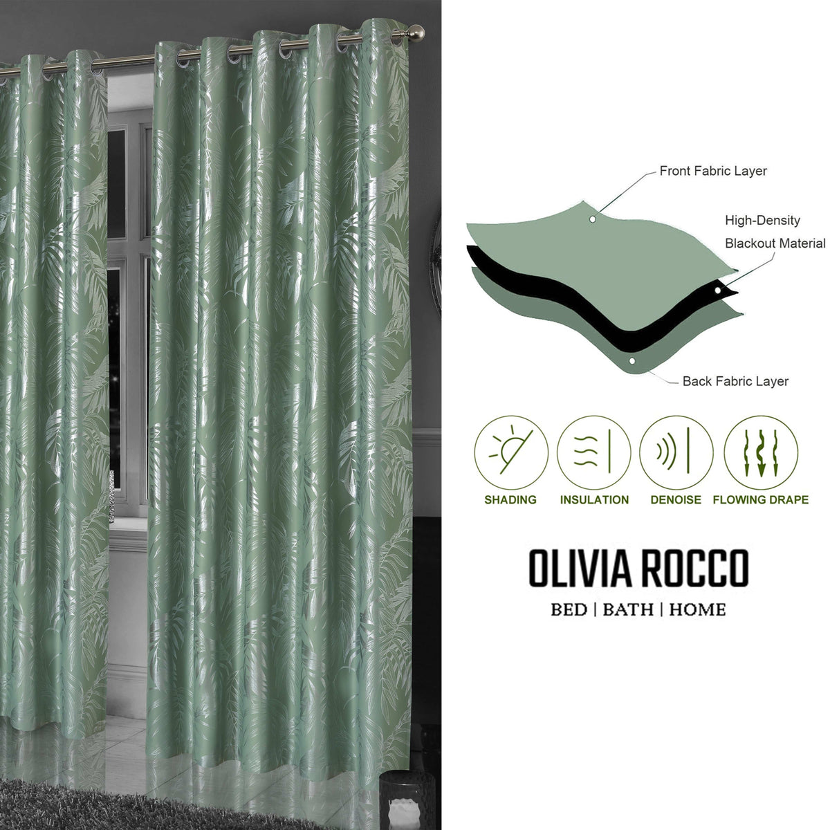 Leaf Sage Green Sparkle Blackout Curtains