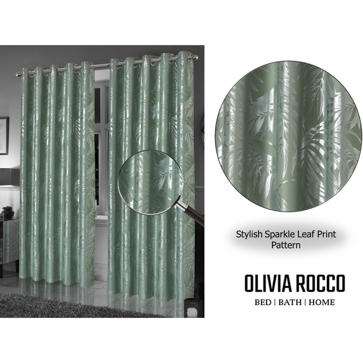 Leaf Sage Green Sparkle Blackout Curtains