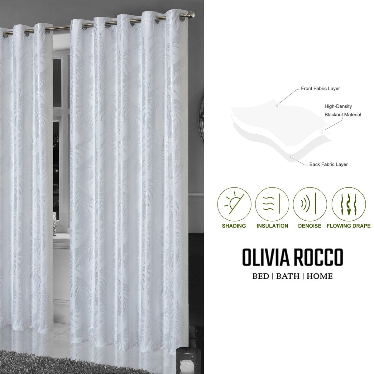 Leaf White Sparkle Blackout Curtains