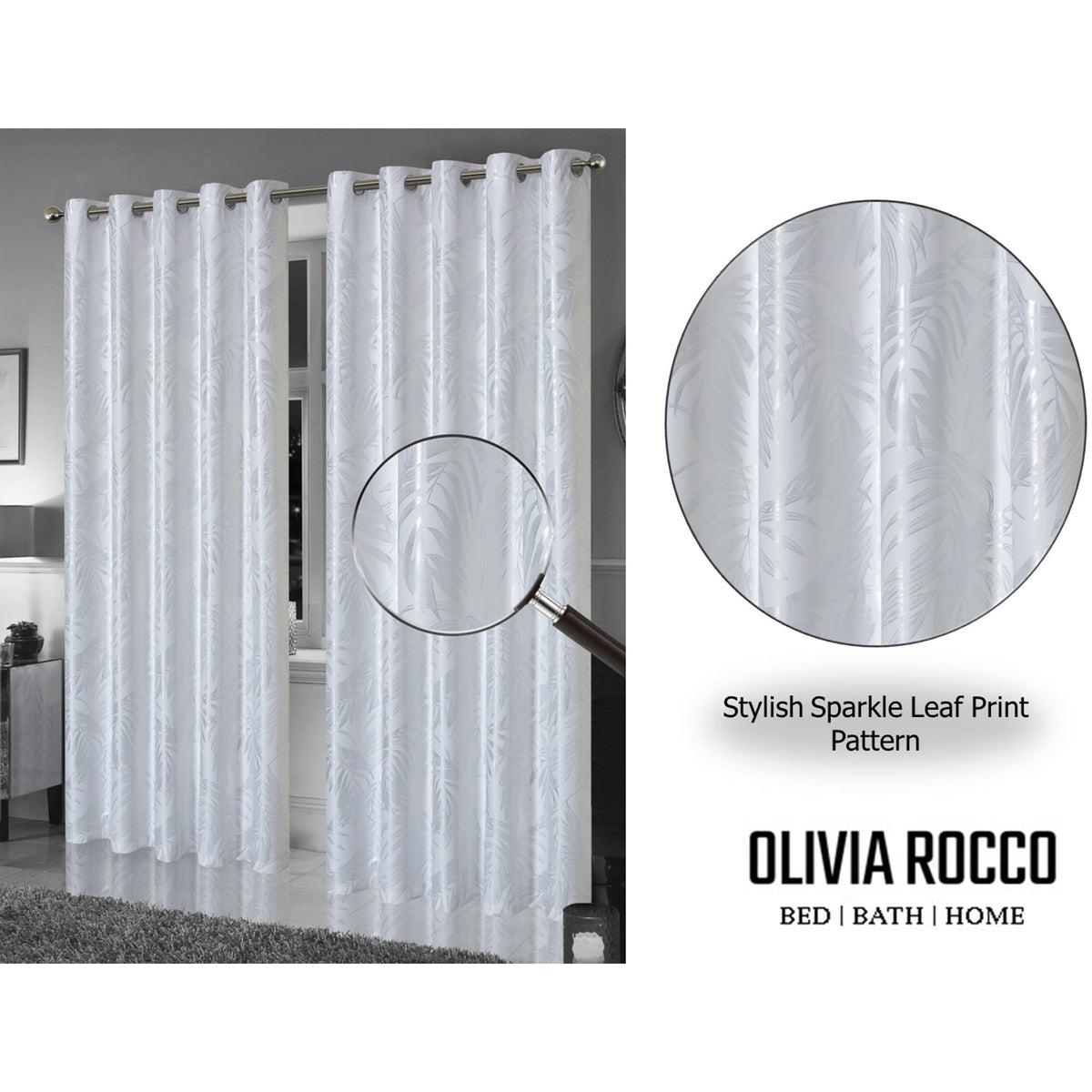 Leaf White Sparkle Blackout Curtains