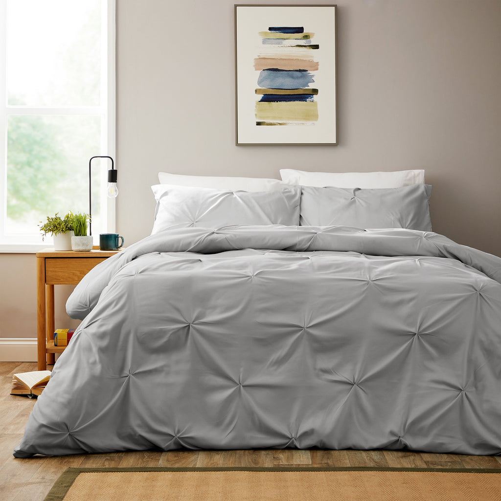 Pintuck Grey Microfibre Duvet Cover Set With Pillowcases