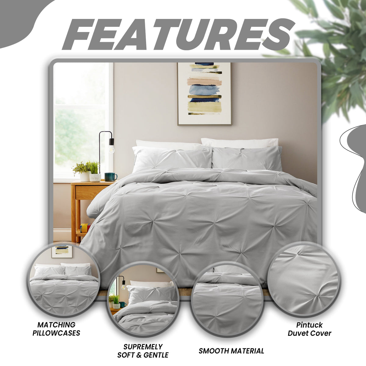 Pintuck Grey Microfibre Duvet Cover Set With Pillowcases