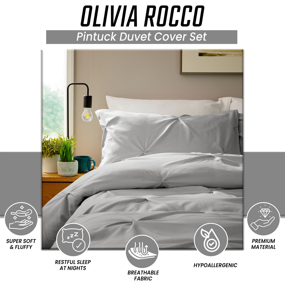Pintuck Grey Microfibre Duvet Cover Set With Pillowcases