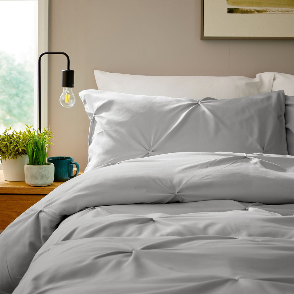 Pintuck Grey Microfibre Duvet Cover Set With Pillowcases