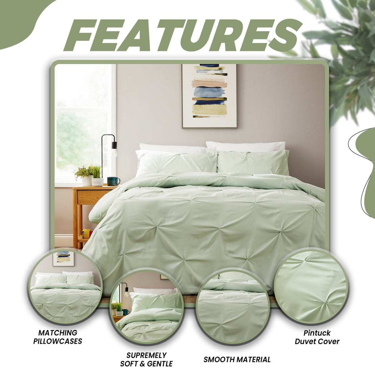 Pintuck Sage Green Microfibre Duvet Cover Set With Pillowcases