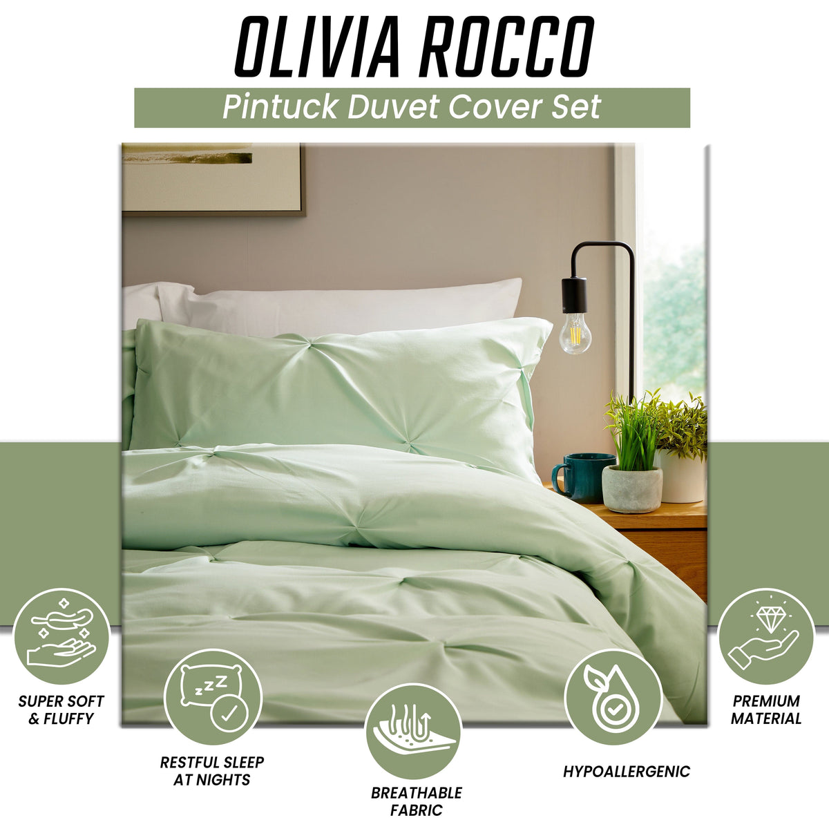 Pintuck Sage Green Microfibre Duvet Cover Set With Pillowcases